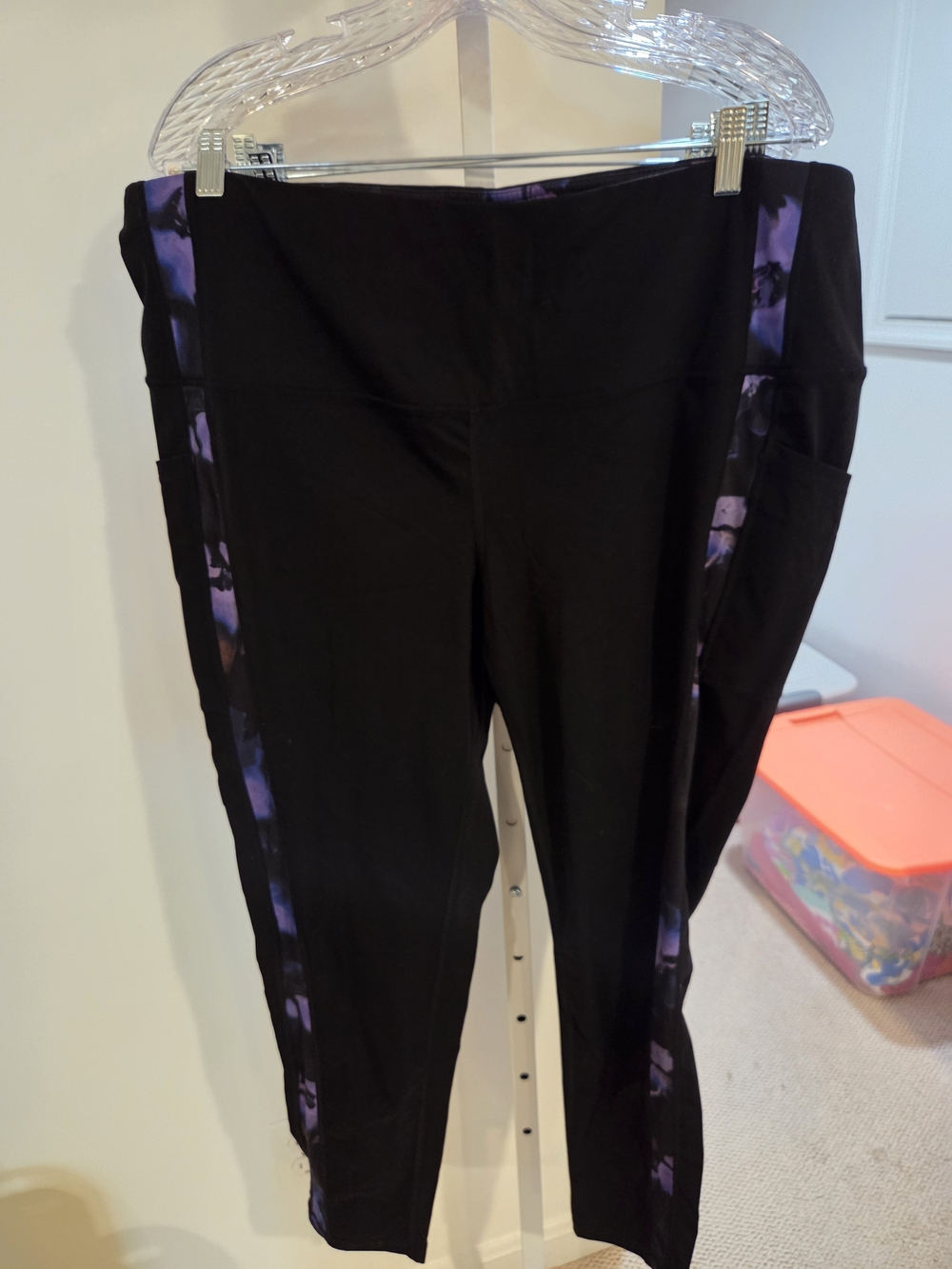 Chico's Black Leggings with Purple Tie-Dye Side Panels